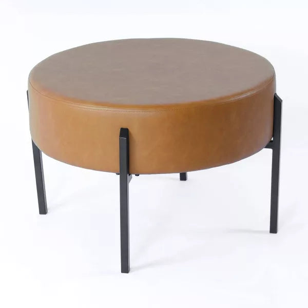 Modern Round Ottoman Caramel Faux Leather - HomePop