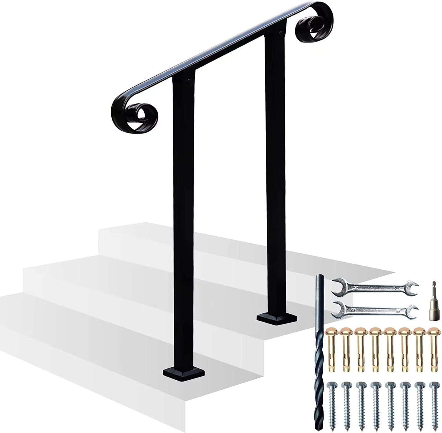 Exterior Stair Railing Kit, Handrails for Outdoor Steps Railings, Stairs Handrail Metal Wrought Iron Hand Rails for Deck Gates Porch Concrete Fit 1-2 Step Outside (1FT)