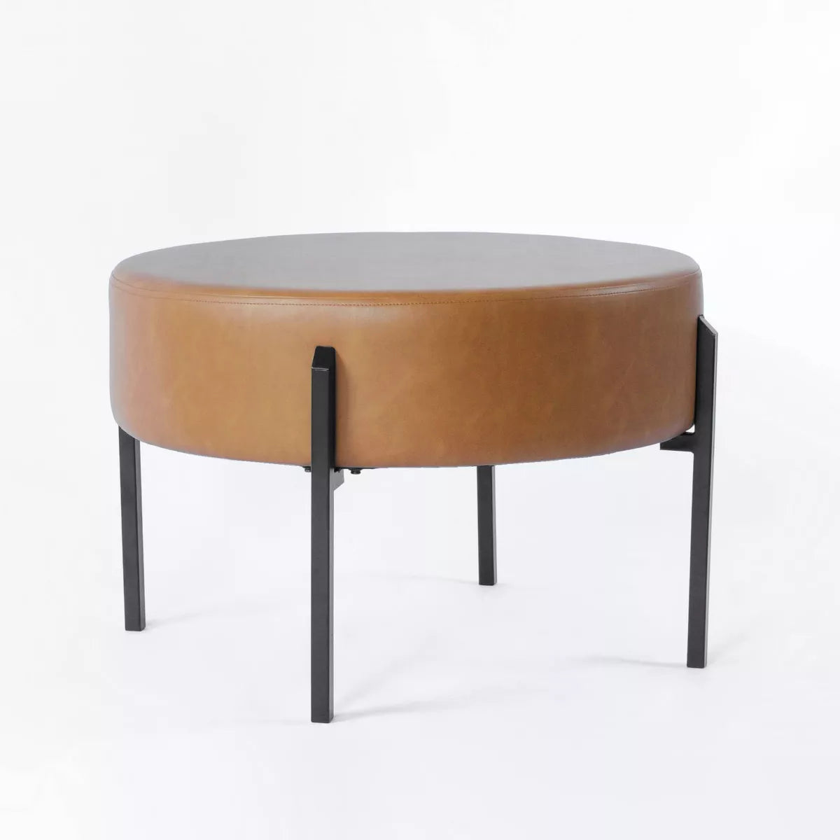 Modern Round Ottoman Caramel Faux Leather - HomePop
