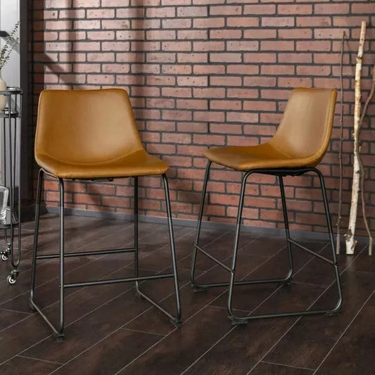 Walker Edison Industrial Faux Leather Counter Stool Set of 2 Whiskey Brown